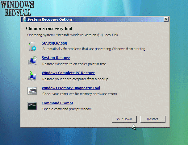 Windows Vista Repair Your Computer Option
